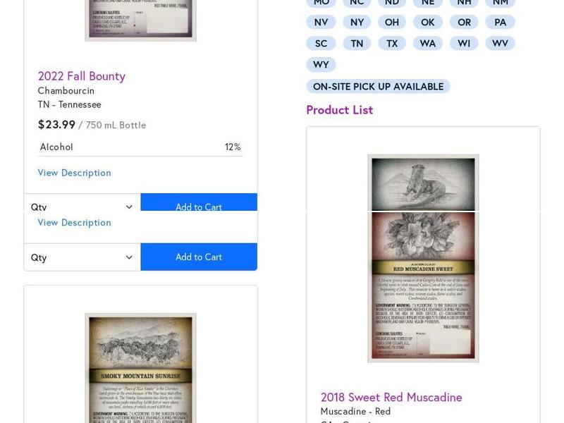 Cades Cove Cellars Menu