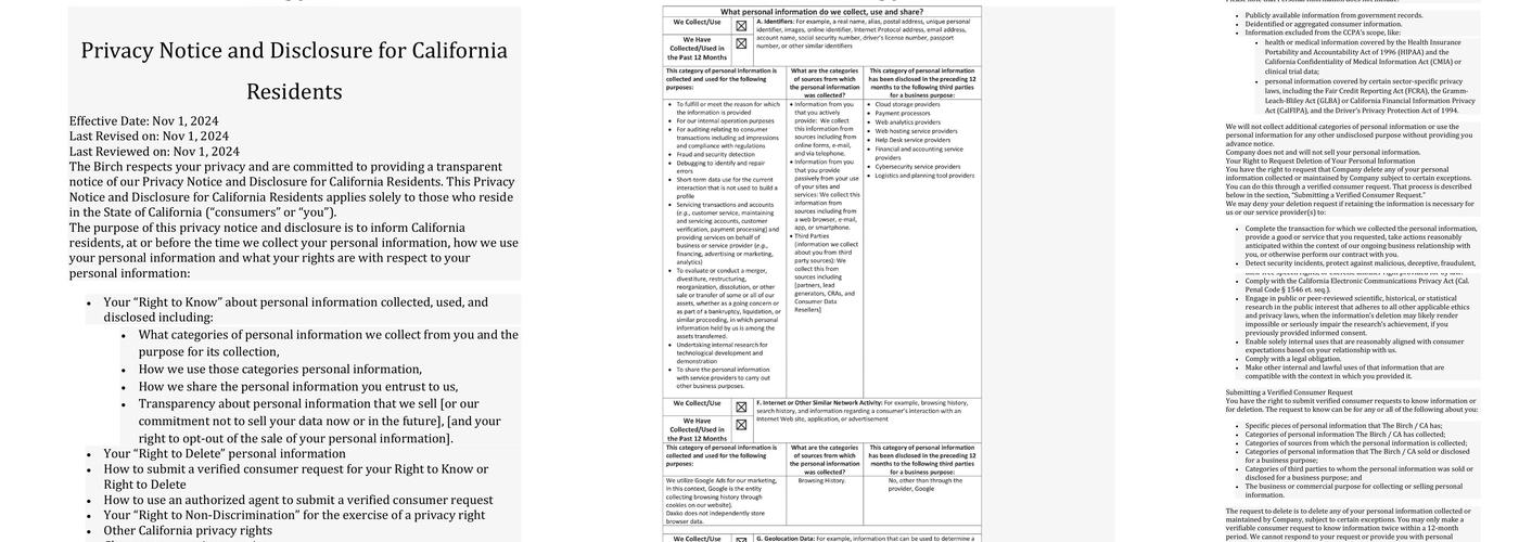 The Birch Racquet and Lawn Club Menu