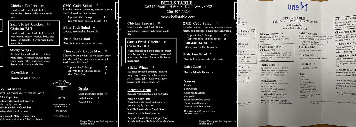 Bells Table Menu