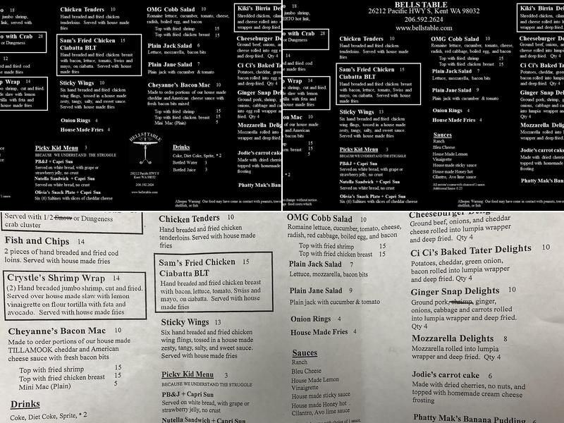Bells Table Menu