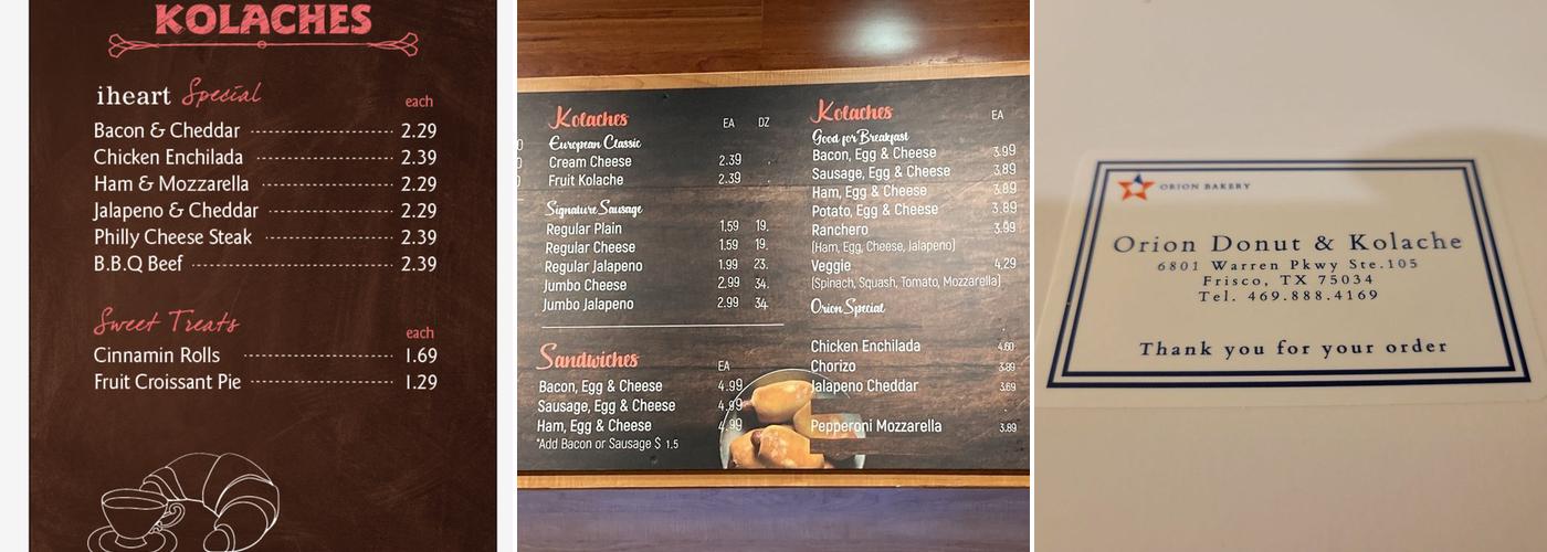 Orion Donut & Kolache Menu