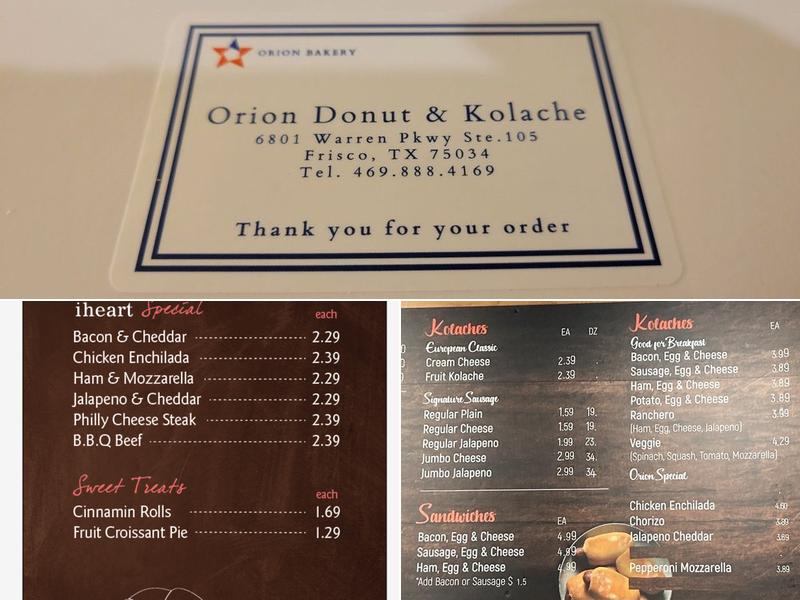 Orion Donut & Kolache Menu
