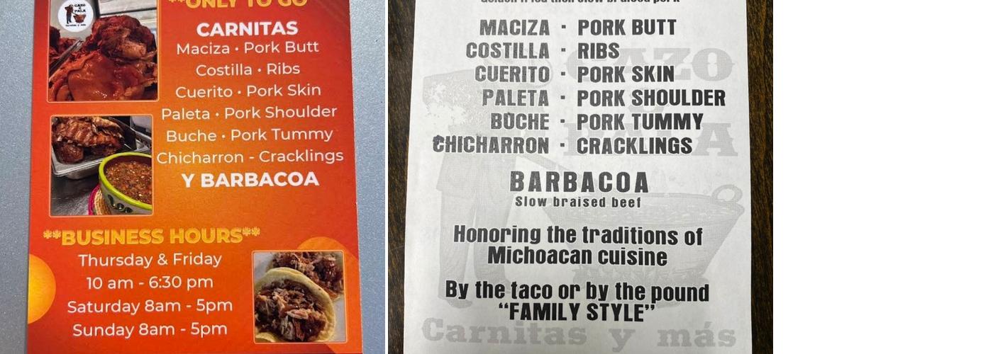 Carnitas Cazo & Pala Menu