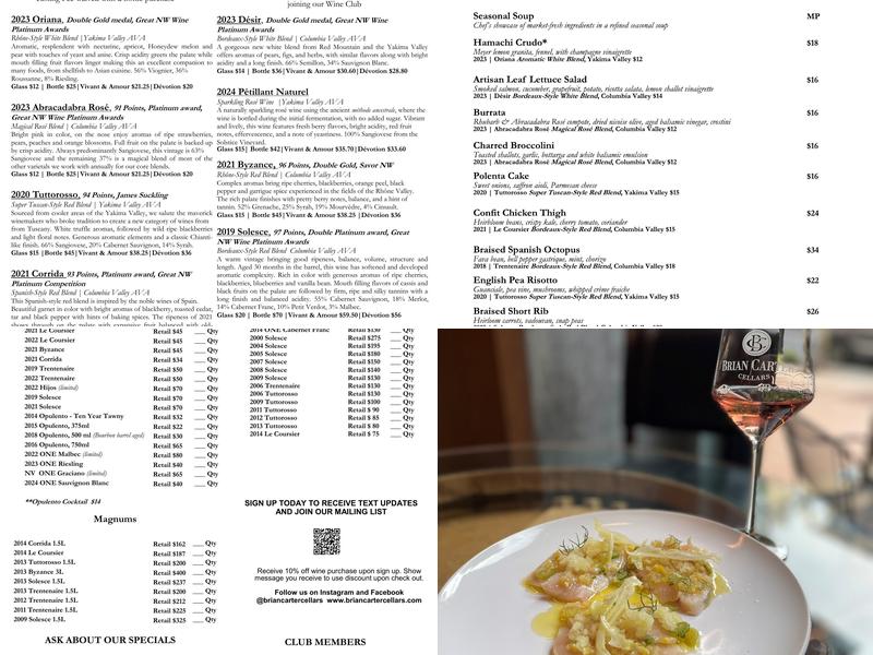Brian Carter Cellars Tasting Room and Bistro Menu