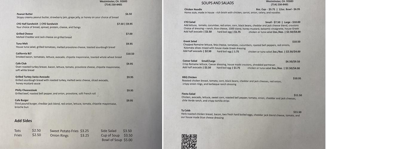 Cafe Miro Menu