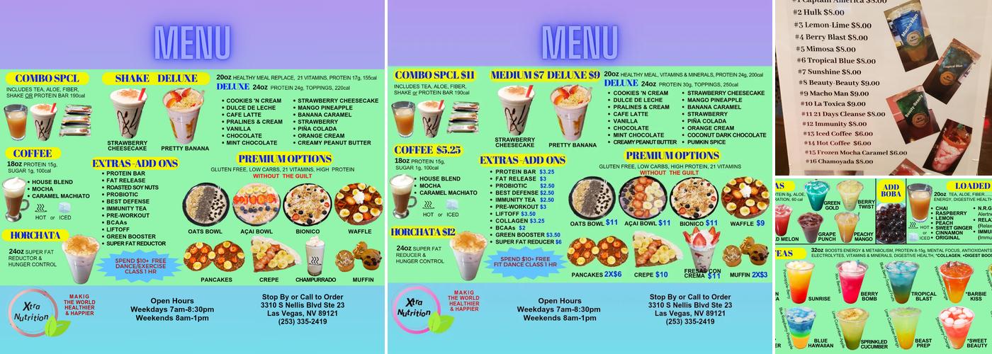 Xtra Nutrition Menu