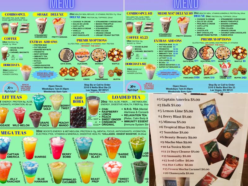 Xtra Nutrition Menu
