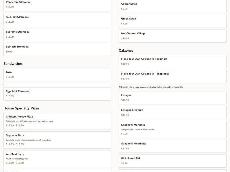 Giorgio's Pizza and Pasta Menu