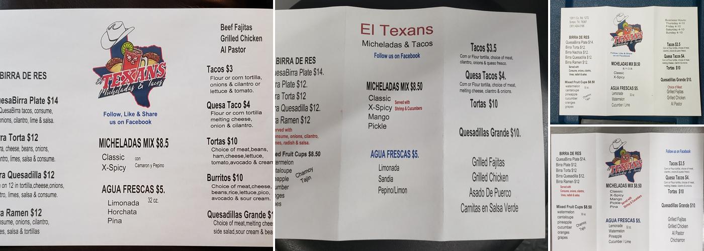 El Texans Micheladas & Tacos Menu