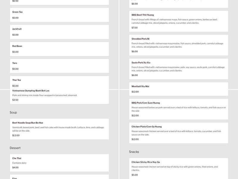 Chau's Sandwiches Menu