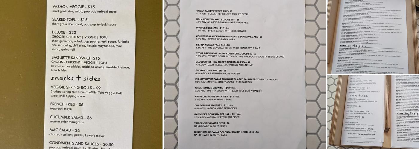 Pop Pop Bottle Shop Menu