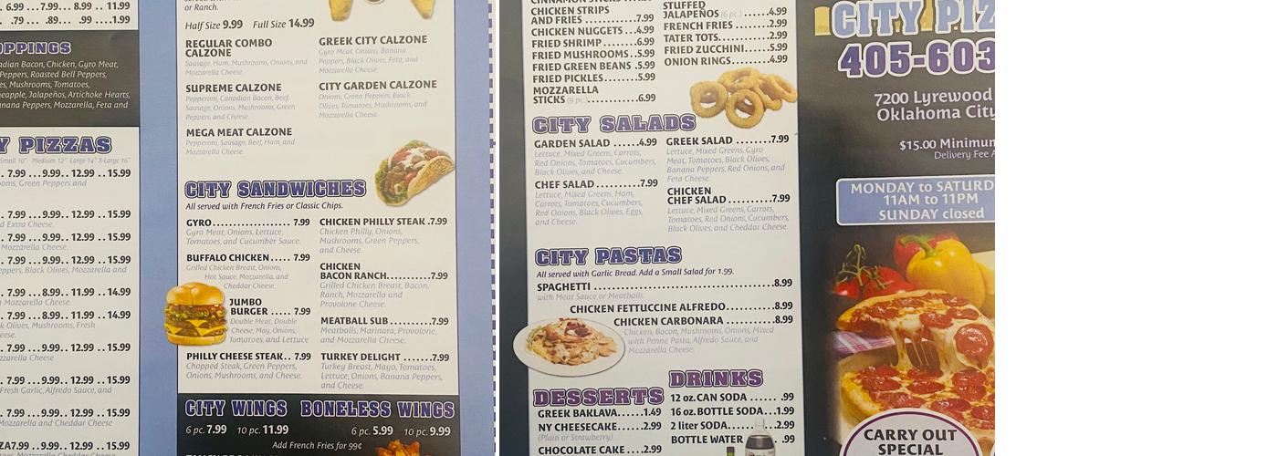 City Pizzeria Menu