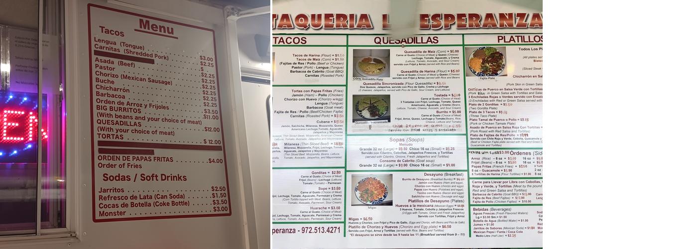 Taqueria La Esperanza Menu