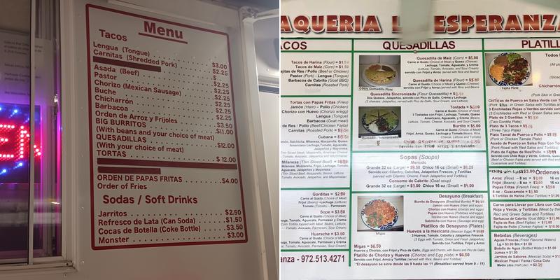 Taqueria La Esperanza Menu