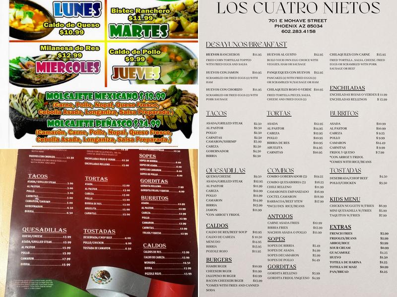 Los Cuatro Nietos AZ Menu