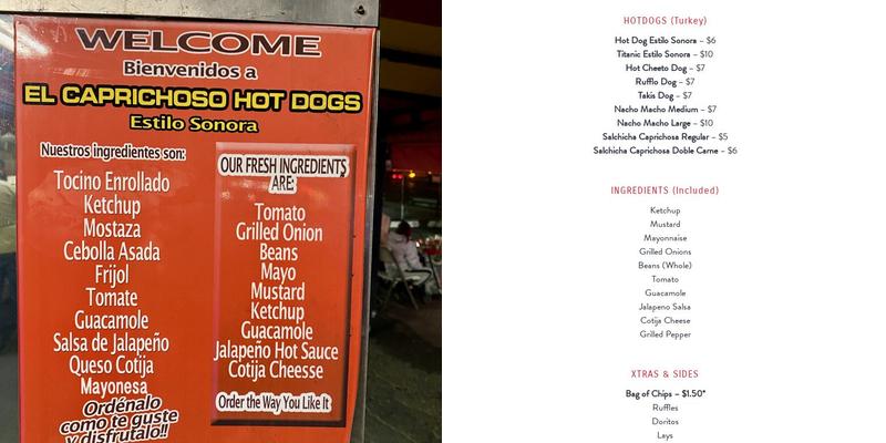 El Caprichoso Sonoran Hotdogs Menu
