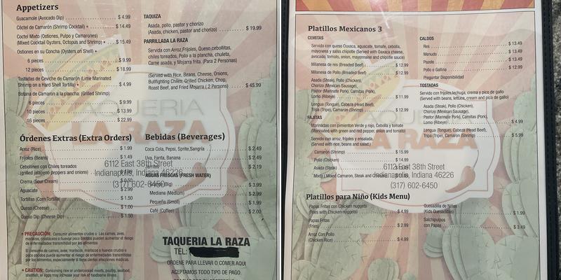 Taqueria La Raza Menu