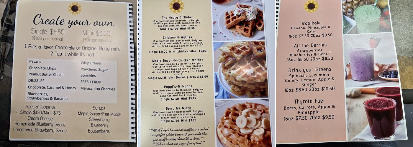 Poppi's Waffles + Health Juice Menu