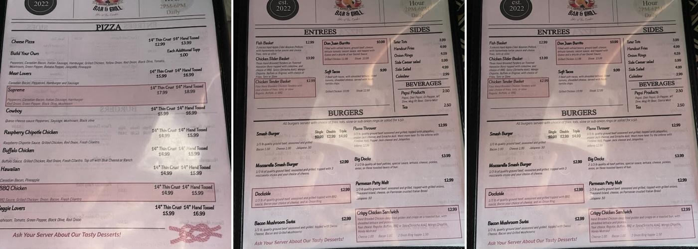 Dry Dockz Bar & Grill Menu