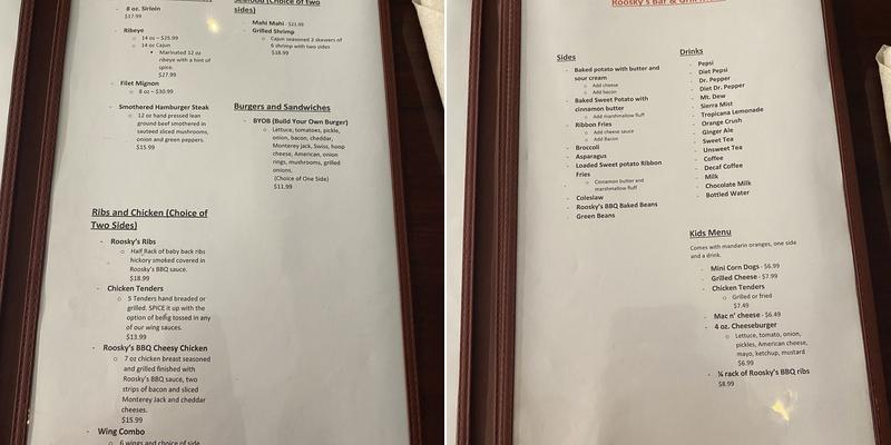 Roosky's Bar & Grill Menu