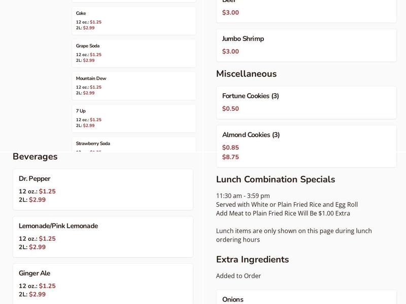 Liang's Chinese Restaurant Menu