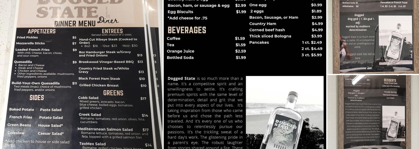 Dogged State Distilling Co. Diner Menu