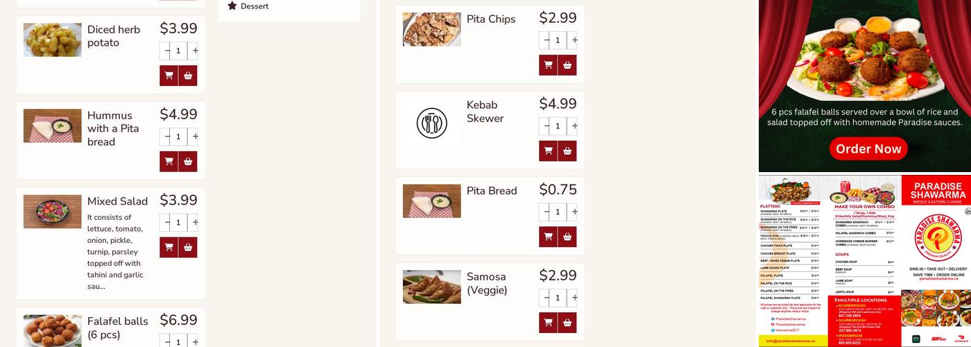 Paradise Shawarma Menu