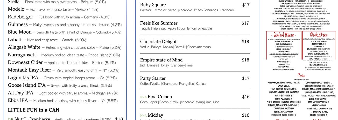 Sir John's Bar and Grill Menu