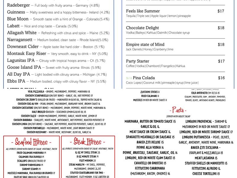 Sir John's Bar and Grill Menu