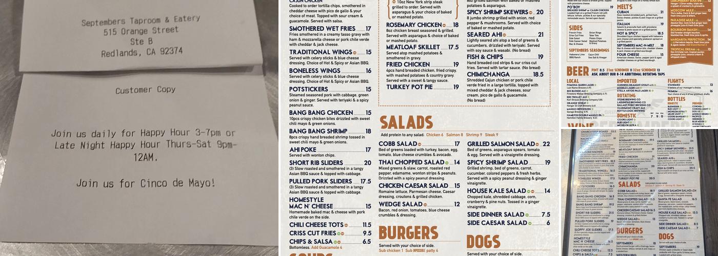 Septembers Taproom & Eatery Menu