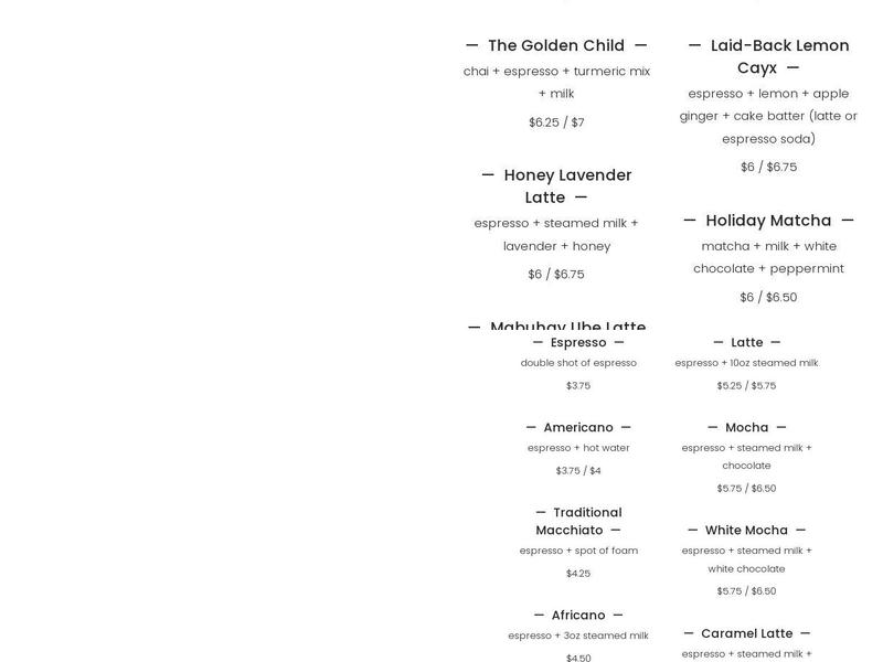 Nirvana Soul Coffee Menu