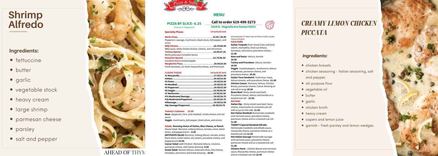 Tommy's Pizza & Subs Menu