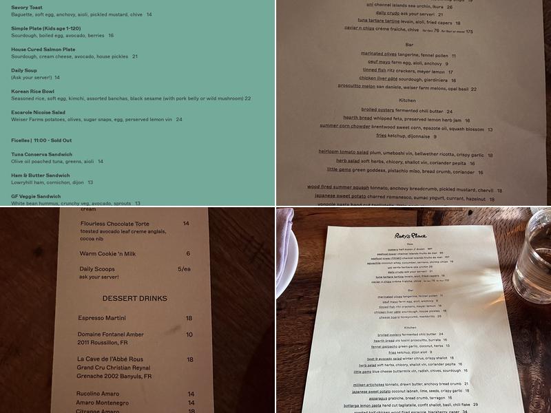 Rory's Place Menu