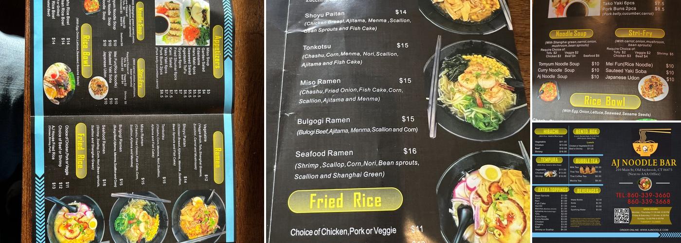 AJ Noodle Bar Menu