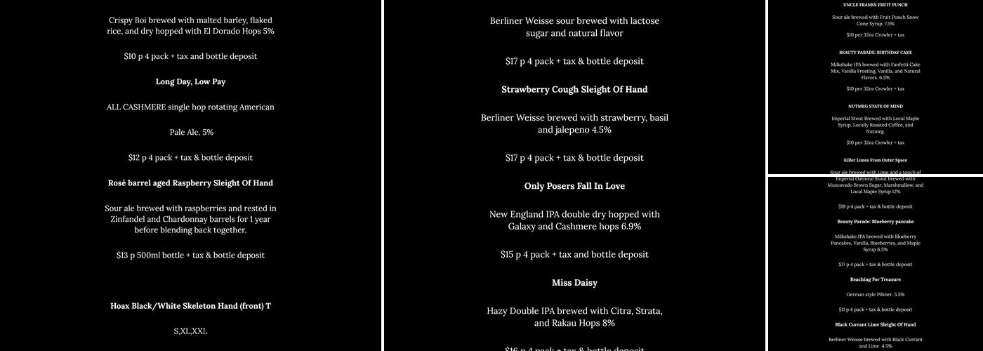 Hoax Brewing Company Menu