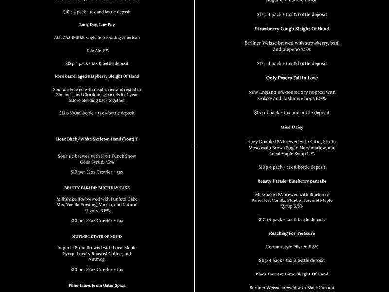 Hoax Brewing Company Menu