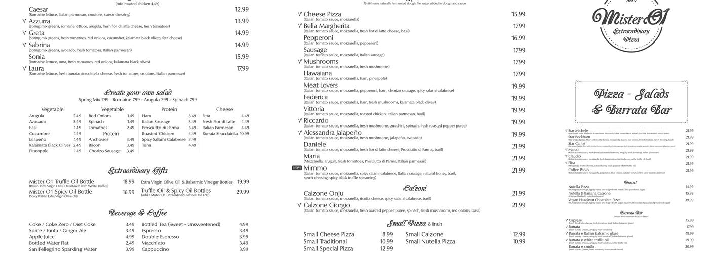Mister O1 Extraordinary Pizza Menu