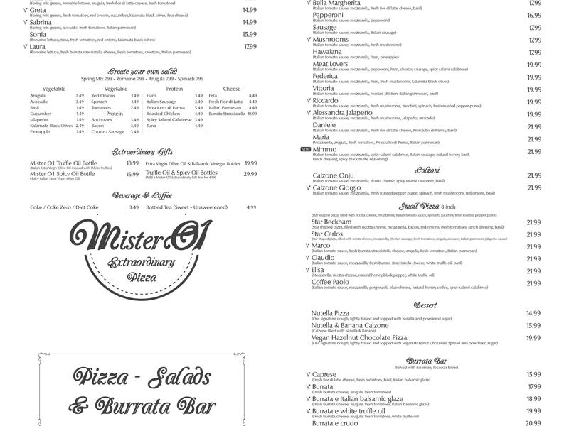 Mister O1 Extraordinary Pizza Menu