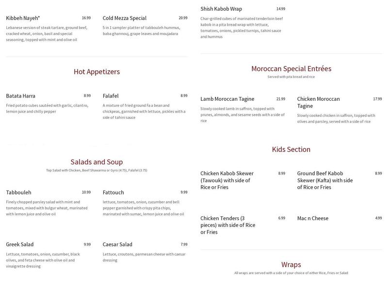 Aya Mediterranean Cuisine Menu