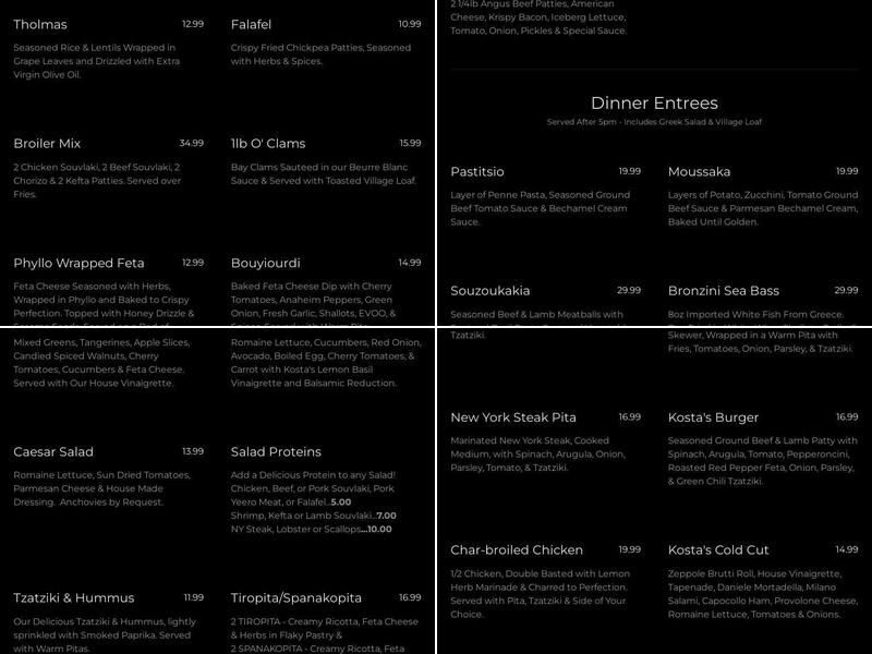 Kosta’s Taverna Menu