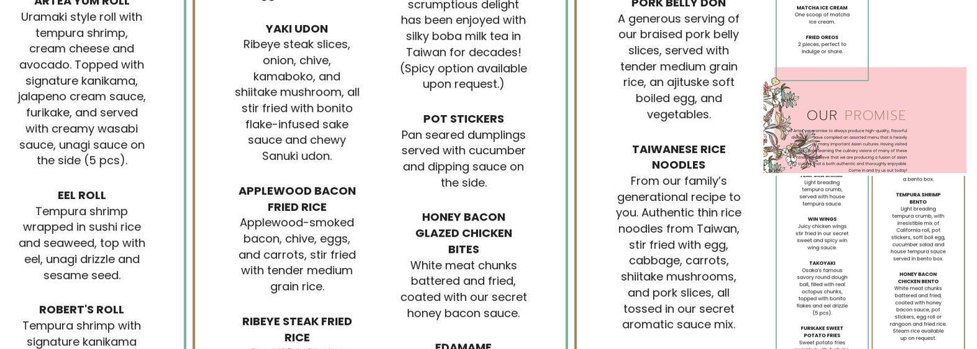 Artea Bubble Tea + Eats Menu