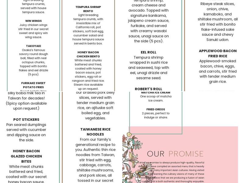 Artea Bubble Tea + Eats Menu