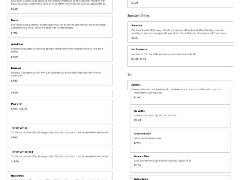 Pax & Beneficia Coffee - Grapevine Menu