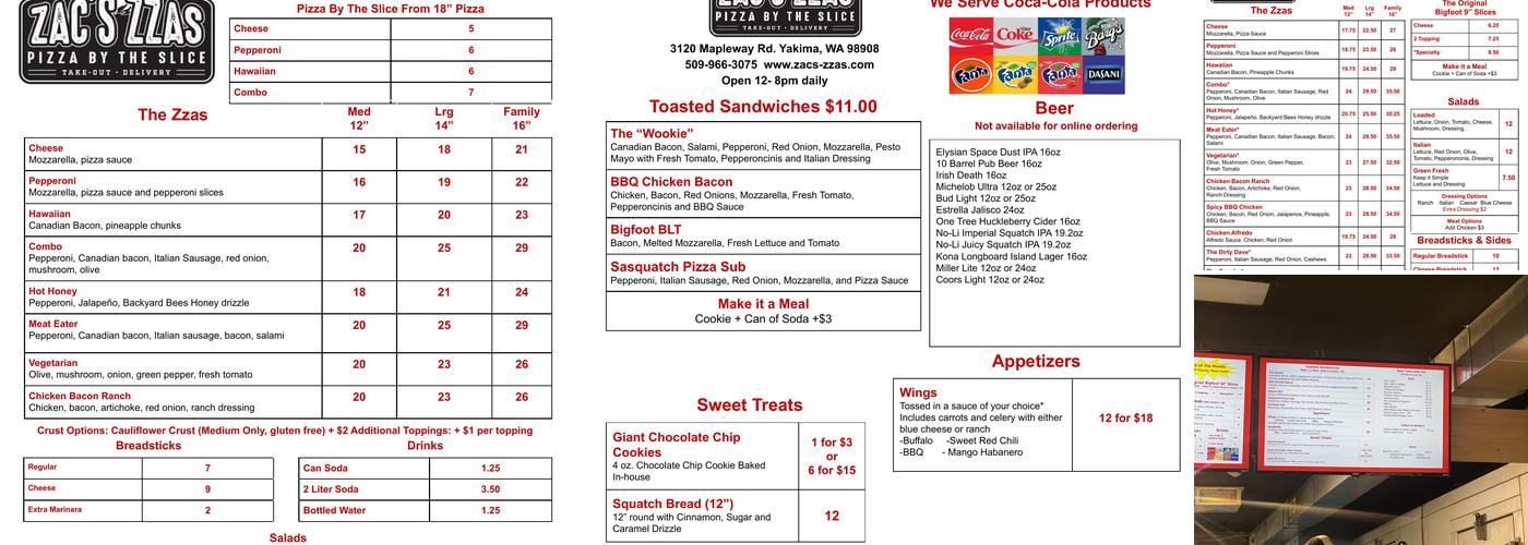 Zac's Zzas Pizza Menu