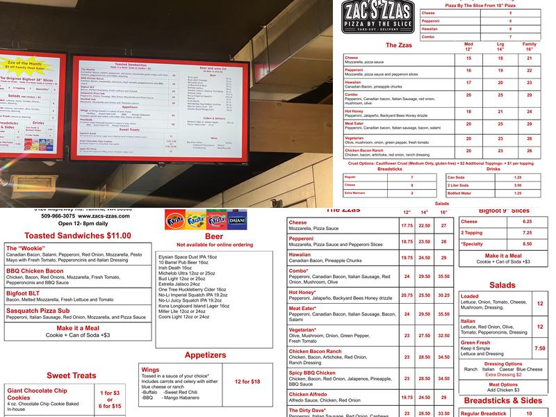 Zac's Zzas Pizza Menu