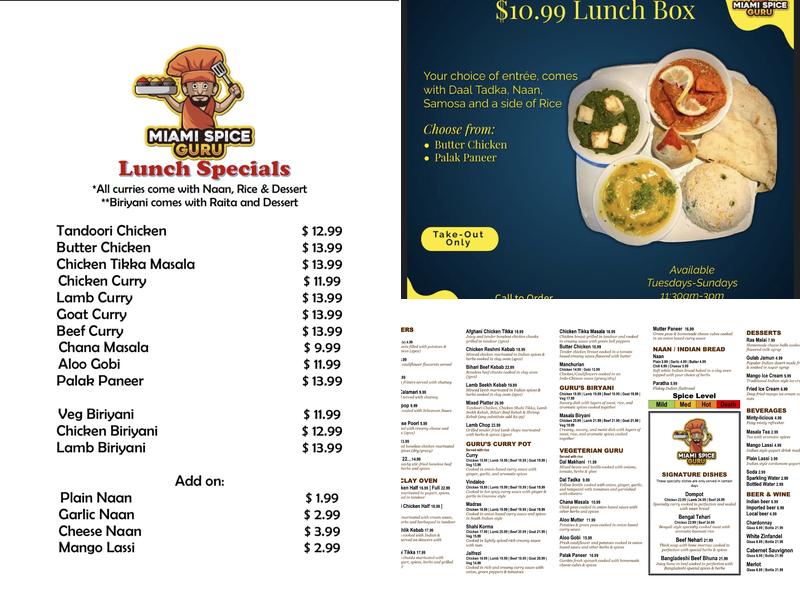 Miami Spice Guru Indian Restaurant Menu