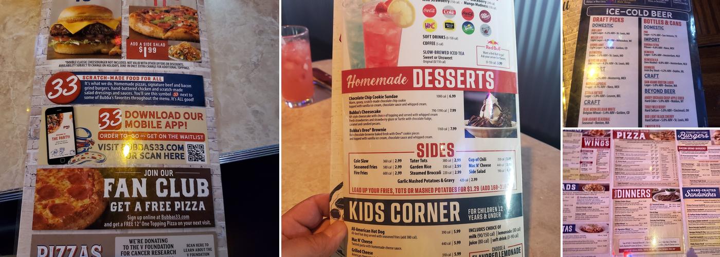 Bubba's 33 Menu