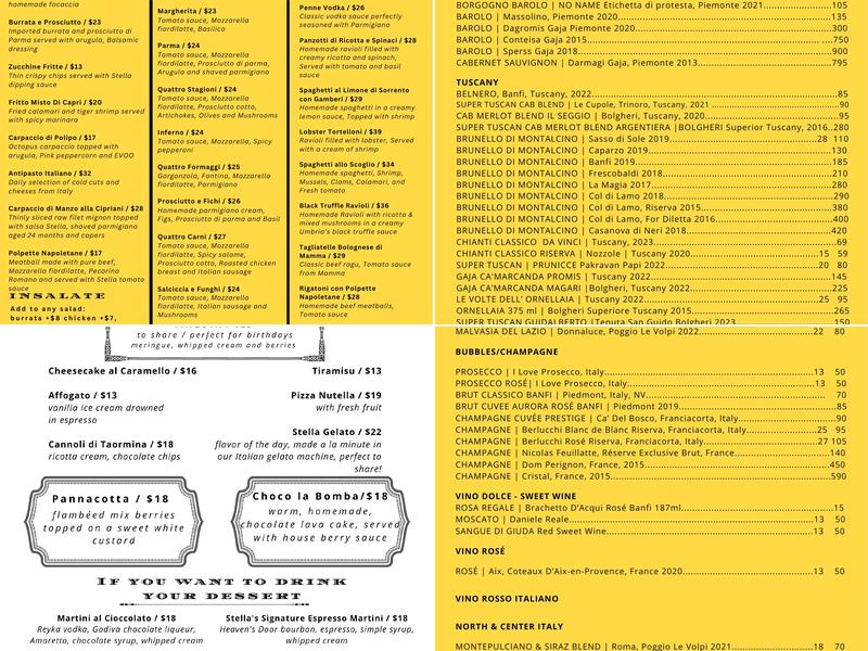 Stella Ristorante Italiano Menu