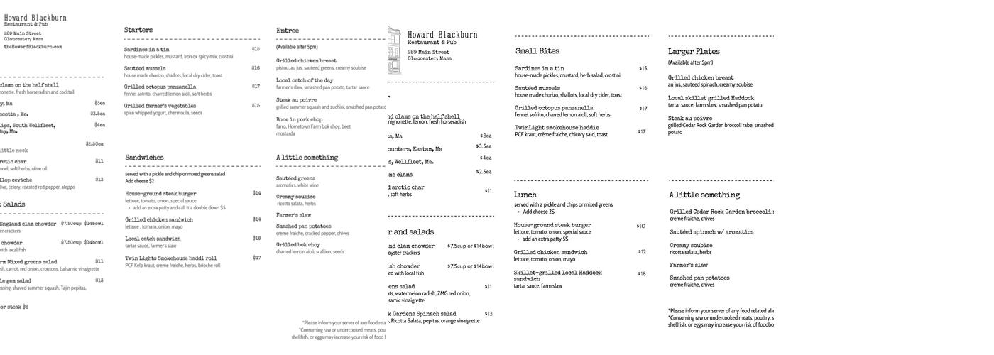 Howard Blackburn Restaurant Menu