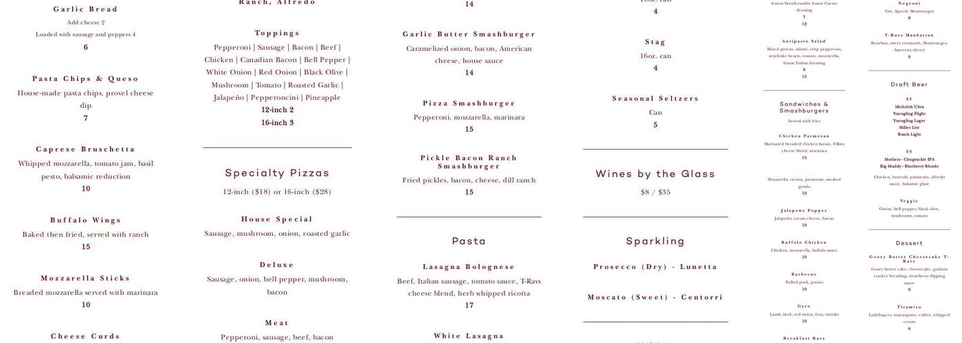 T-Ravs Restaurant Menu